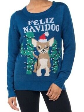 NWT! Tipsy Elves,  "Feliz Navidog"  Holiday Sweater, Blue, Size Small, MSRP $60